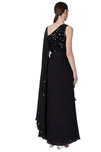 One-Shoulder Gown Saree, Black Crepe and Net, Ruffled Draped Style, Wedding - Image 3