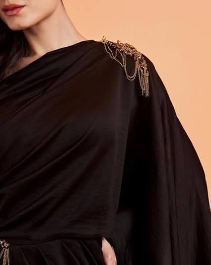 HarLiv One Shoulder Black Saree Gown Women - Party, Cocktail, Wedding Dress (Black) - Image 3