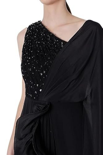One-Shoulder Gown Saree, Black Crepe and Net, Ruffled Draped Style, Wedding - Image 4