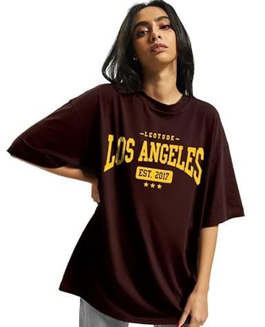 LEOTUDE Women's Oversized Cottonblend Half Sleeve Drop Shoulder Printed Tshirt (Color Brown)