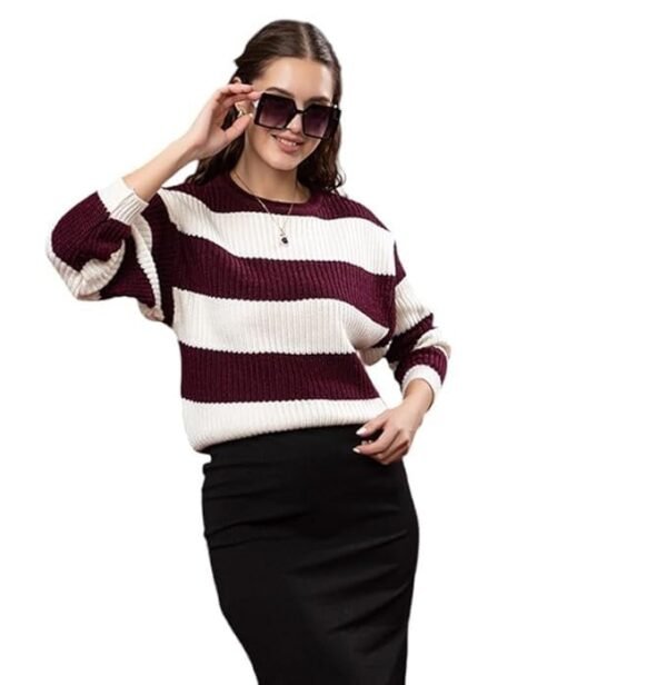 Wear lusso Women’s 100% Wool Color Block Stripe Full Sleeve Round Neck Pullover Sweater | Winter Season Fashion