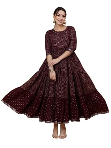 Ethnic Printed Cotton Blend Anarkali Dress, Burgundy, 3/4 Sleeve, Round Neck, Fit & Flare - Image 2