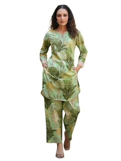NAINVISH Women's Cotton Blend Green Printed V-Neck Co-ord Set | Daily & Casual Wear - Image 3