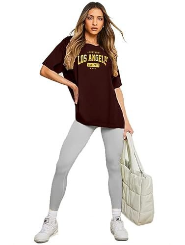 LEOTUDE Women's Oversized Cottonblend Half Sleeve Drop Shoulder Printed Tshirt (Color Brown) - Image 4