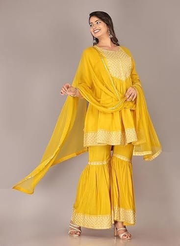 Women's Rayon Slub 3/4 Sleeves Round Neck Embroidery Kurti with Sharara & Dupatta Set - Image 4