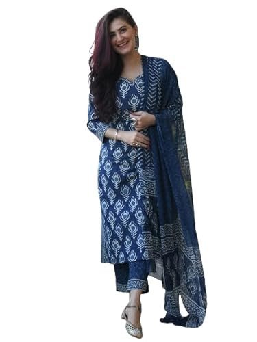 Pinkmint Indigo Printed Kurta Set for Women ll Kurta Pant & Dupatta Suit Set