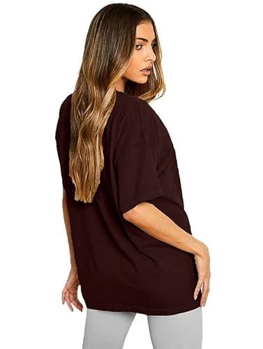 LEOTUDE Women's Oversized Cottonblend Half Sleeve Drop Shoulder Printed Tshirt (Color Brown) - Image 3