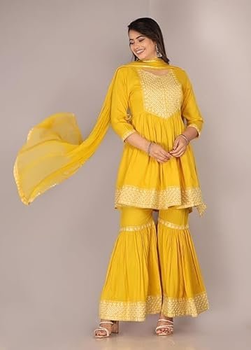 Women's Rayon Slub 3/4 Sleeves Round Neck Embroidery Kurti with Sharara & Dupatta Set - Image 5