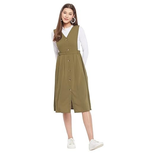 WineRed Women Soild Pinafore Dress with Button - Image 3