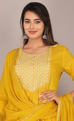 Women's Rayon Slub 3/4 Sleeves Round Neck Embroidery Kurti with Sharara & Dupatta Set