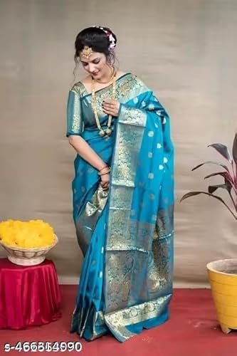 Keshav E-Online Kanjivaram Silk Saree with Zari Woven Design & Running Banarasi Silk Blouse Piece Color Rama - Image 3