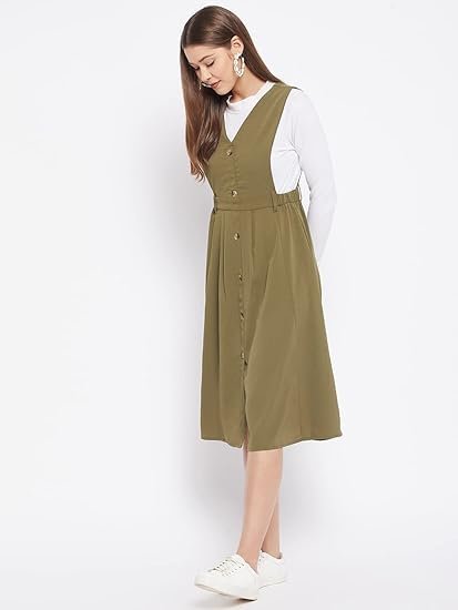 WineRed Women Soild Pinafore Dress with Button