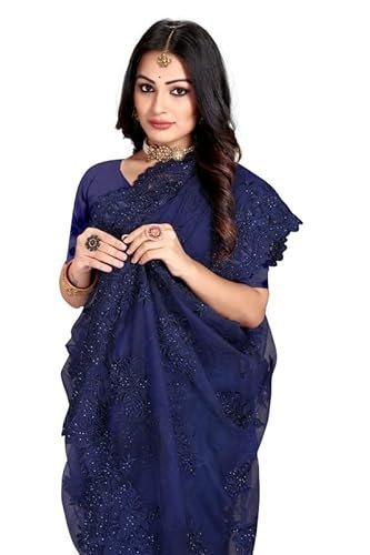Manu Fashion Era Navy Blue Zari Moti Stone Embroidered Border Net Wedding Saree Sari For Women and Girls With Matching Blouse Piece