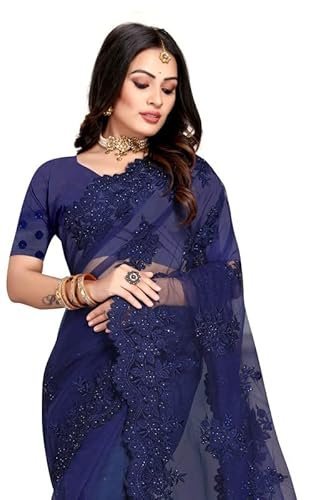 Manu Fashion Era Navy Blue Zari Moti Stone Embroidered Border Net Wedding Saree Sari For Women and Girls With Matching Blouse Piece - Image 4