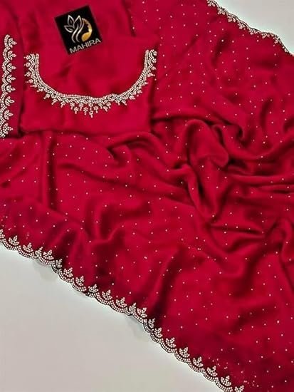 Indian Fashionista Women's Shimmer Chiffon Hot Fix Embellished Saree - Image 4
