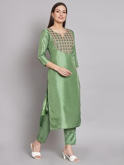 VredeVogel Women's Cotton Silk Blend Kurta Pant Set with Banarasi Silk Dupatta - Image 2