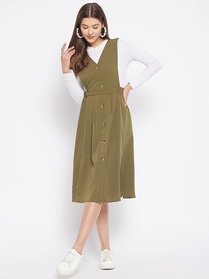 WineRed Women Soild Pinafore Dress with Button - Image 4