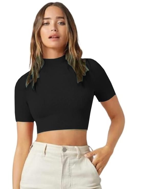 Dream Beauty Fashion Women's High/Turtle Neck Short Sleeves Stylish Casual Crop Top, 17 Inches