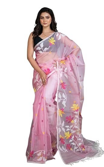 BENGAL LOOMS INDIA Muslin Silk Dhakai Jamdani Saree in Lemonade Pink & Off White in Multicolored Minakari Thread Work for Women Hand Woven Floral Nakashi Work Rich Texture Smooth Finish Indian Sari