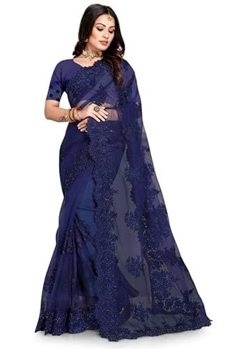 Manu Fashion Era Navy Blue Zari Moti Stone Embroidered Border Net Wedding Saree Sari For Women and Girls With Matching Blouse Piece - Image 2