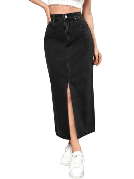 Aahwan Women's & Girl's Solid High Waist Slit Below The Knee Denim Skirt - Image 4