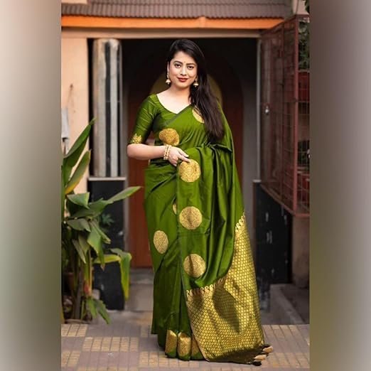 C J Enterprise Womens Pure Banarasi Soft Silk Saree Kanjivaram Style Sarees With Blouse Piece For Wedding (KeriGola-51) - Image 3