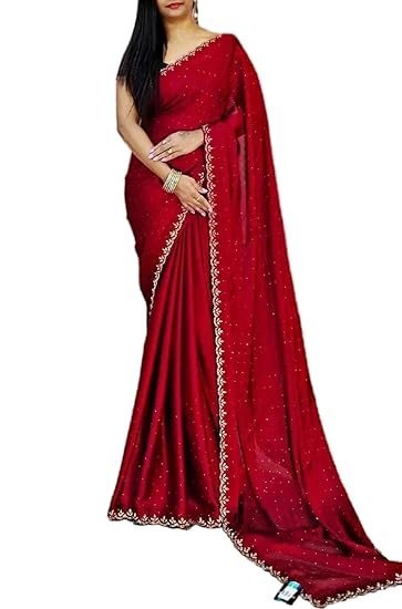 Indian Fashionista Women's Shimmer Chiffon Hot Fix Embellished Saree