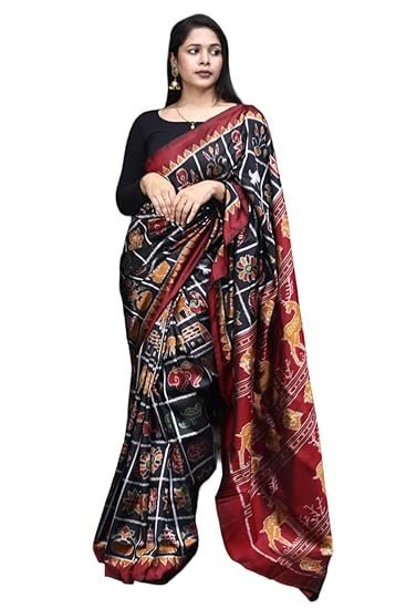 BigRayn Women's Black Nabakothi Odisha Handloom Sambalpuri Silk Saree