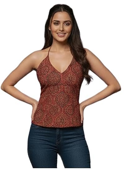 GoSriKi Women's Araha Halter Neck Printed Kurti |Casual Sleeveless Printed Top| Open Back Design|Short Kurti for Girls| Kurti for Women