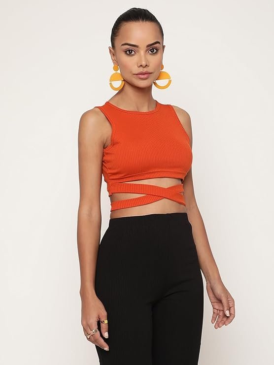 AVANOVA Women's & Girls' Solid Ribbed Round Neck Sleeveless Crop Tops for Women - Image 4