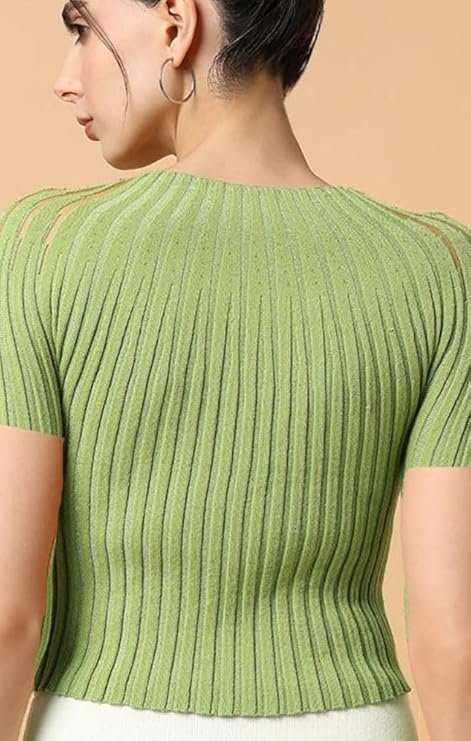 ICW Women Knit Rhinestone Embellised Mesh Crop Top T-Shirt (One Size Bust 28-34 Inch XS-S) 107 - Image 2