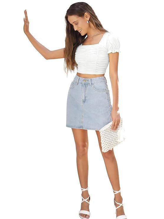 Women's Solid | Floral Puff Sleeve Elastic Crop Top with Square Neckline Ruched Design Lightweight Stylish Top for Western Casual Everyday Wear - Image 3