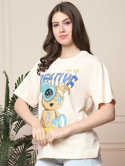 Fabflee Pure Cotton Oversized Baggy Fit Drop Shoulder Latest Aesthetic & Cool Graphic Printed Half Sleeve Tshirt for Women |Trendy Tees |Casual Loose Korean T-Shirt - Image 4