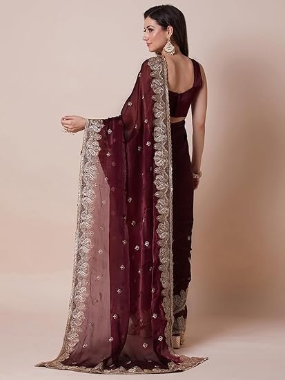 AKHILAM Women's Multicolor Organza Embroidered Saree With Unstitched Blouse Piece (MAYURI1001_AB_Parent) - Image 3
