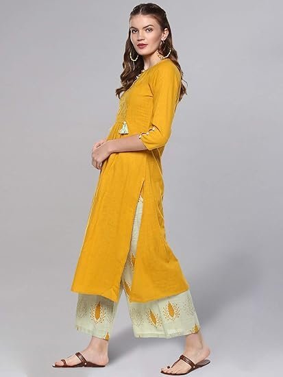 idaLia Ethnic Kurta Set for Women 3/4 Sleeve, Round Neck Cotton A-line Solid Kurta with Palazzo Pant Set - Image 4