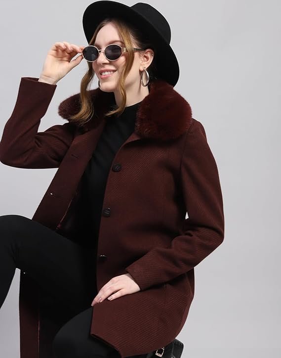 Monte Carlo Womens Wool Blend Hip Length Self Design Wine Notched Lapel Full Sleeve Coat - Image 2