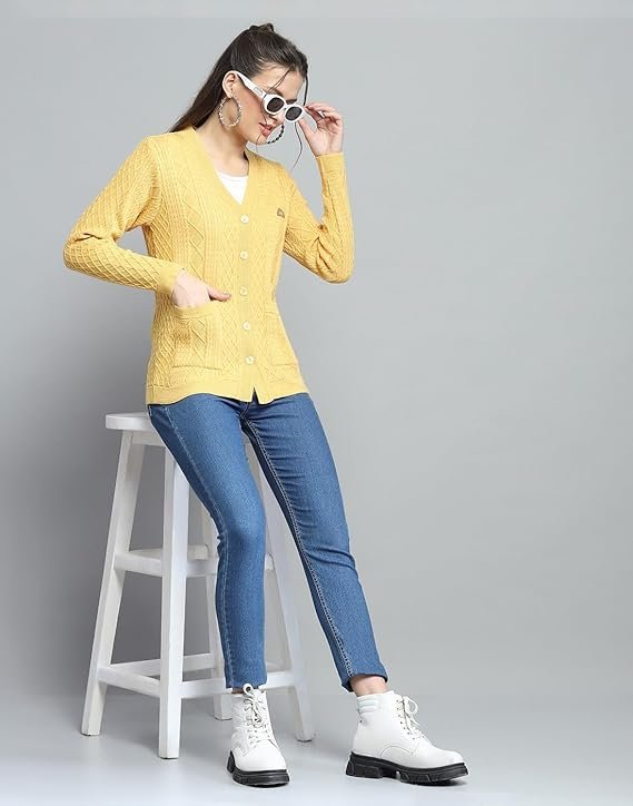 Monte Carlo Womens Self Design Yellow V Neck Full Sleeve Cardigan_1243555VN-2454 - Image 3