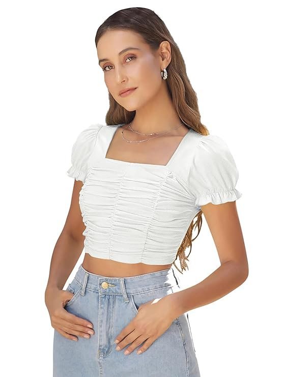 Women's Solid | Floral Puff Sleeve Elastic Crop Top with Square Neckline Ruched Design Lightweight Stylish Top for Western Casual Everyday Wear