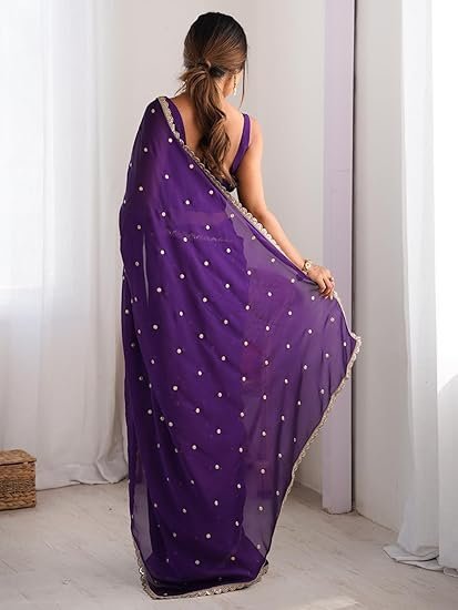 AKHILAM Women's Pure Georgette Embroidered Saree With Unstitched Blouse Piece - Image 3
