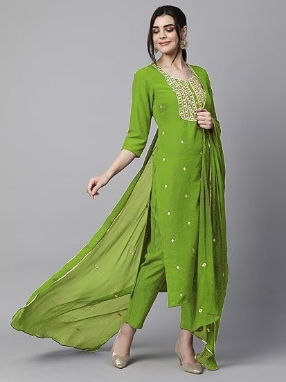GoSriKi Women's Cotton Blend Embroidered Straight Kurta with Pant & Dupatta - Image 2
