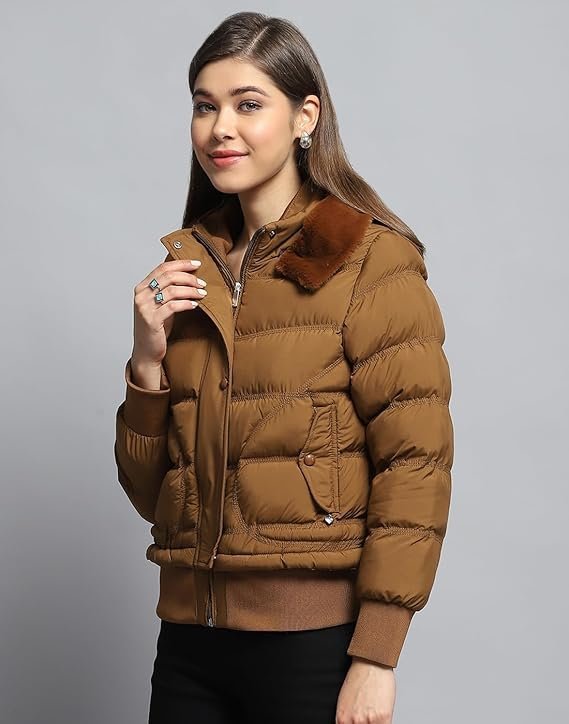 Monte Carlo Womens Self Design Tan Collar Neck Full Sleeve Jacket - Image 5