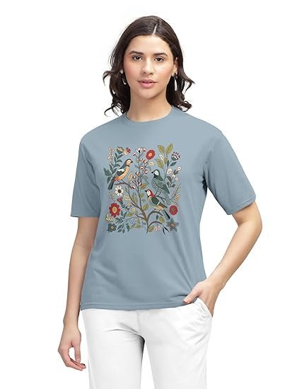 HELLCAT Trendy Printed Regular Fit Round Neck Casual Tshirt for Women