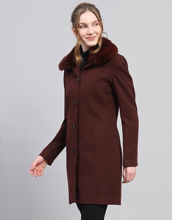 Monte Carlo Womens Wool Blend Hip Length Self Design Wine Notched Lapel Full Sleeve Coat - Image 6