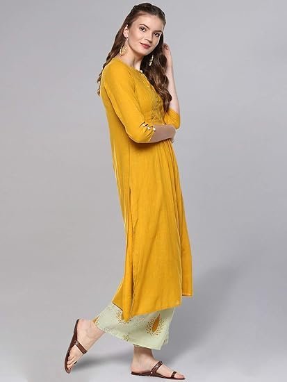 idaLia Ethnic Kurta Set for Women 3/4 Sleeve, Round Neck Cotton A-line Solid Kurta with Palazzo Pant Set - Image 3