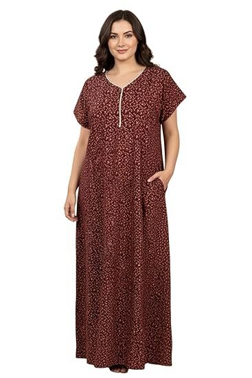 Bahumaan Pure Cotton Maxi for Women with Pocket Free Size | Small Print Nighty for Women Cotton | Maxi Gown for Women | Nighty for Women Stylish