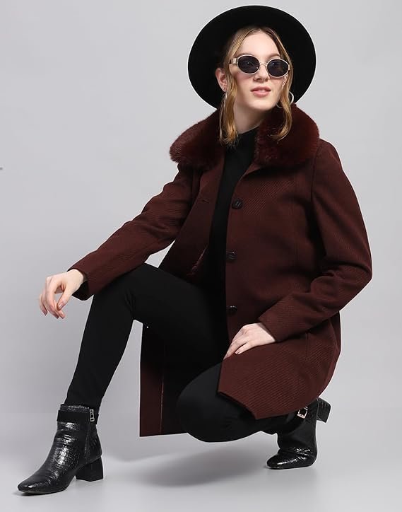 Monte Carlo Womens Wool Blend Hip Length Self Design Wine Notched Lapel Full Sleeve Coat - Image 3