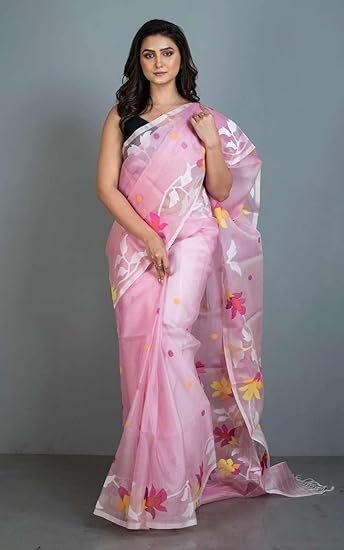 BENGAL LOOMS INDIA Muslin Silk Dhakai Jamdani Saree in Lemonade Pink & Off White in Multicolored Minakari Thread Work for Women Hand Woven Floral Nakashi Work Rich Texture Smooth Finish Indian Sari - Image 5