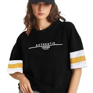 LEOTUDE Men's Cottoblend Half Sleeve Printed Oversized Drop Shoulder T-Shirt (Black Color)