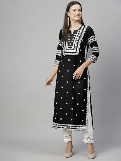 GoSriKi Women's Cotton Blend Embroidered Straight Kurta - Image 2