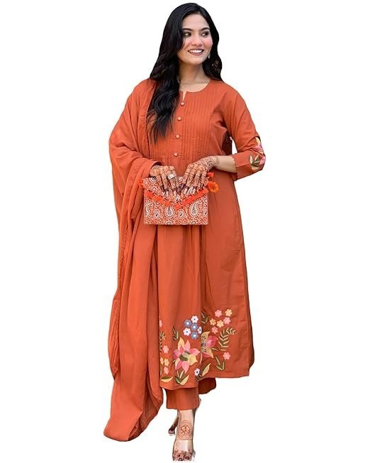 GoSriKi Women's Embroidered Viscose Anarkali Kurta Set with Dupatta - Orange Traditional Festive - Image 2